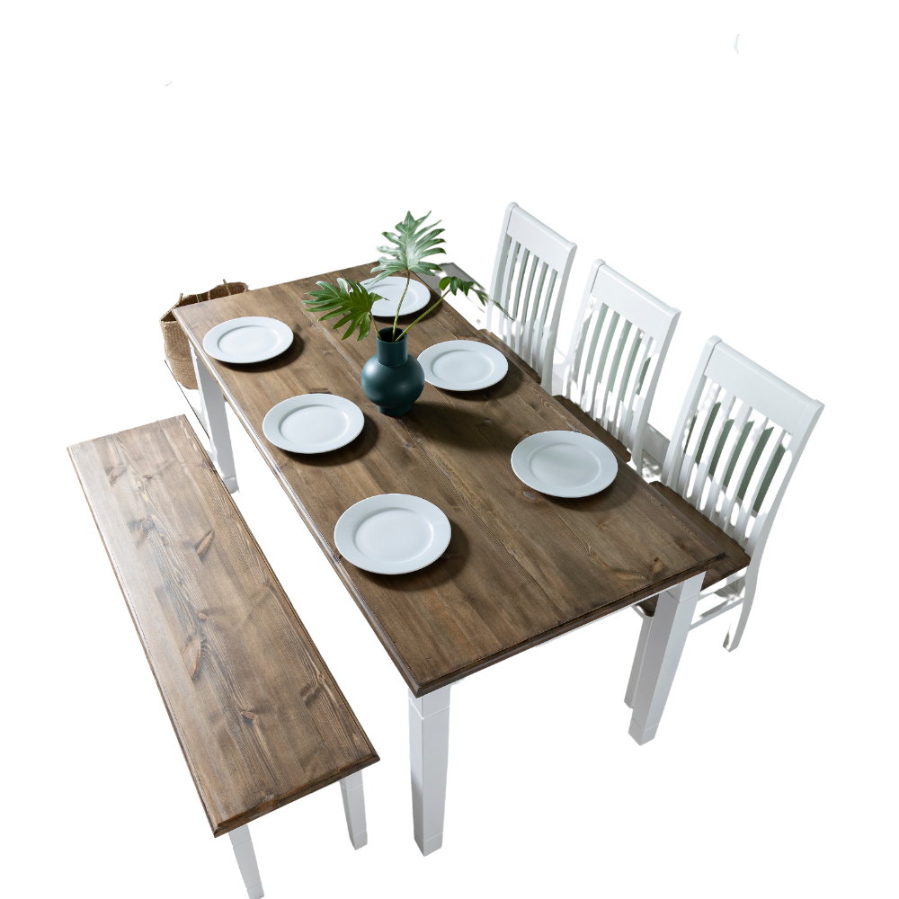 Thomas 140cm Dining Table in White and Dark Pine with 2 benches no CHAIRS