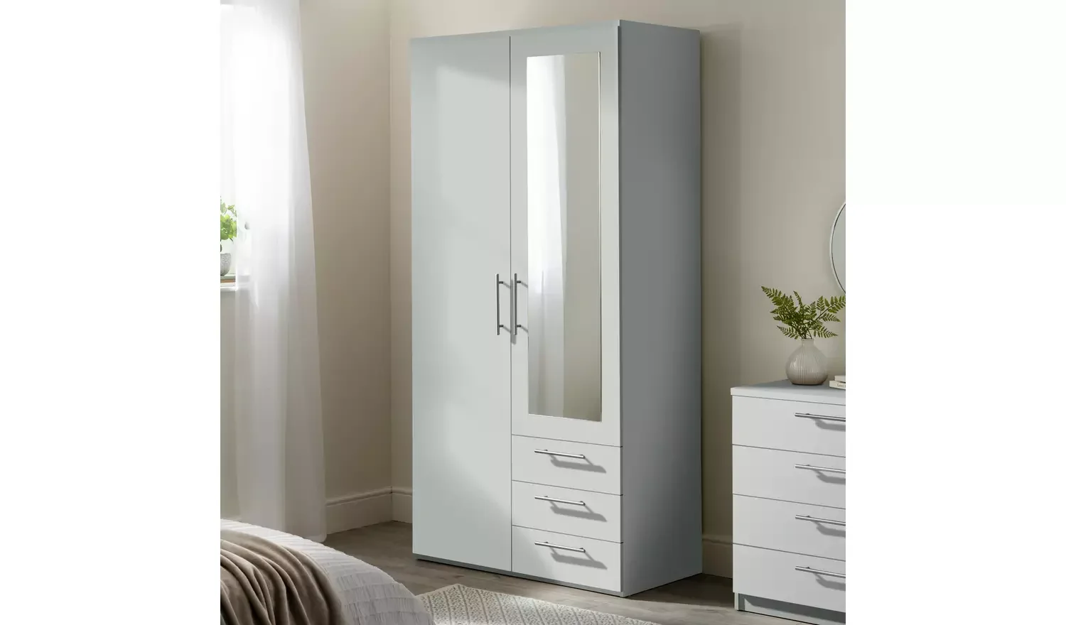 2 Door 3 Drawer Mirror Wardrobe – Grey