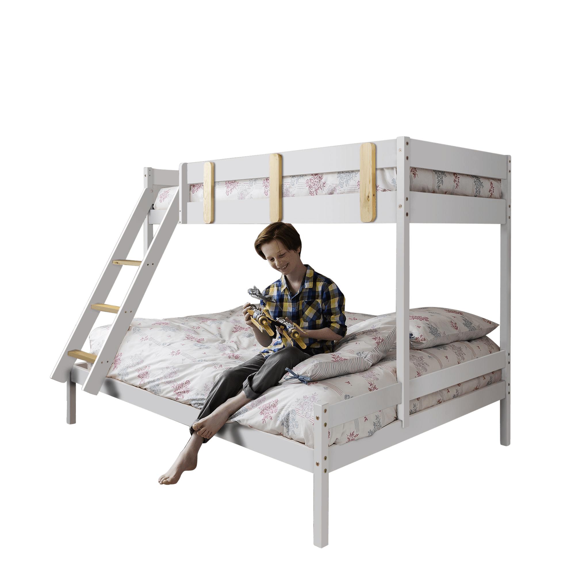 Triple Bunk Bed with Single and Double Bed in White & Pine