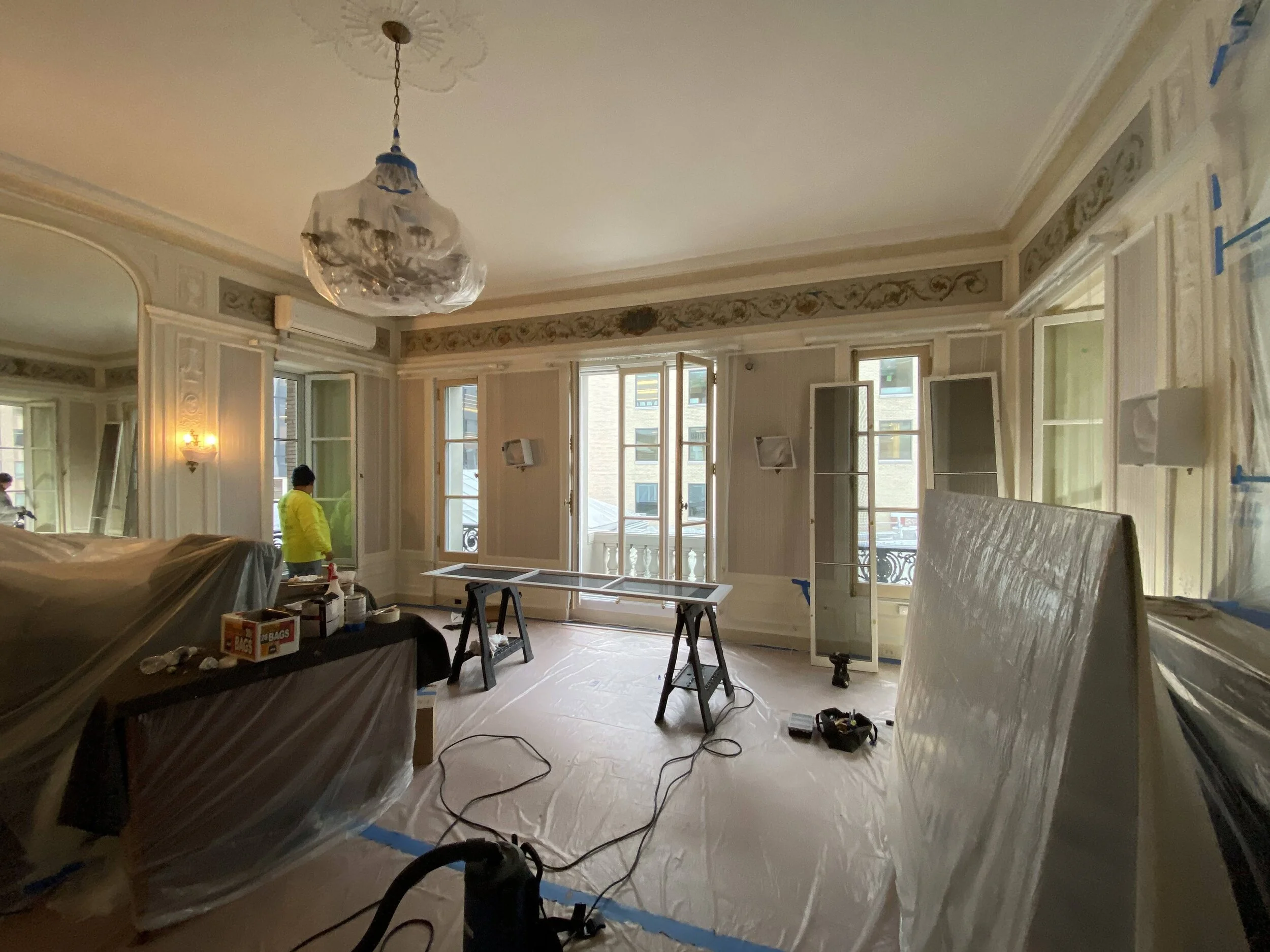 These window screens are solid Sapelle mahogany, as well, finished to the same level as the windows. They are readily removed for maintenance and will likely last 50 years.