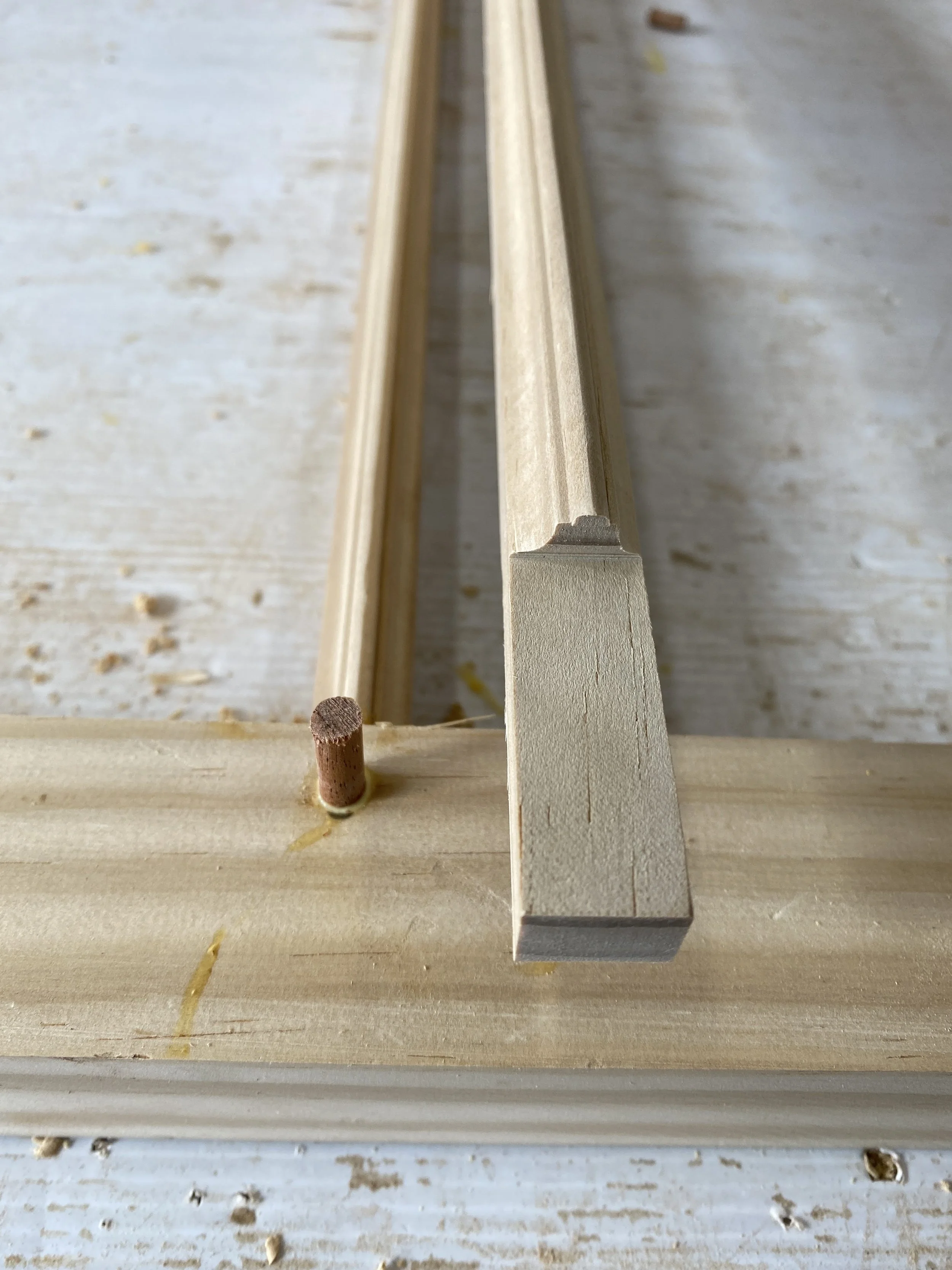 This Accoya muntin is cut with extended tenons as would have been done by good sash makers through 1850. This technique has the muntin contribute to the structure of the window sash. Here the tenon is pegged with an mahogany dowel. We haven't found A