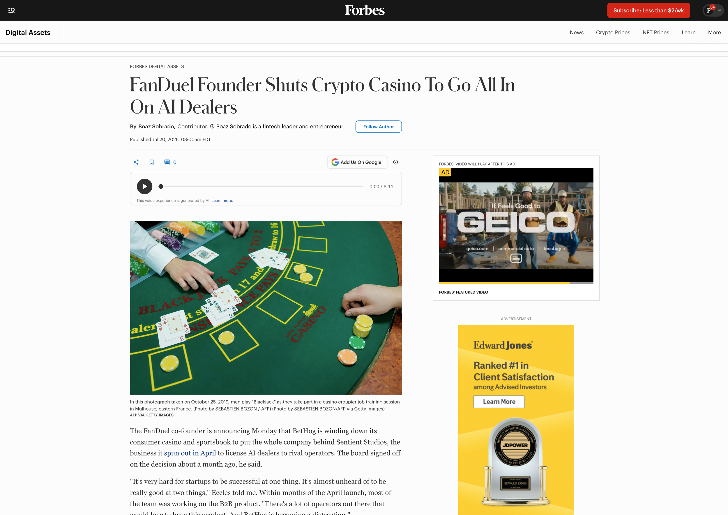 FanDuel Founder Shuts Crypto Casino To Go All In On AI Dealers
