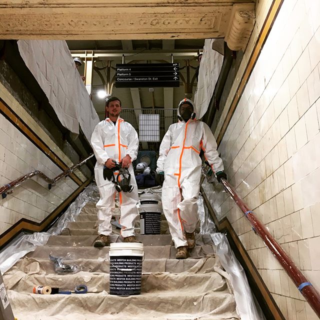 Space suits on tonight! Applying a Westox cleaning system to Flinders Street Station causeways. #safetyfirst #actionshot #plastering #hazmatsuit #solidplastering #flinderstreetstation #nightworks #westox  #heritage