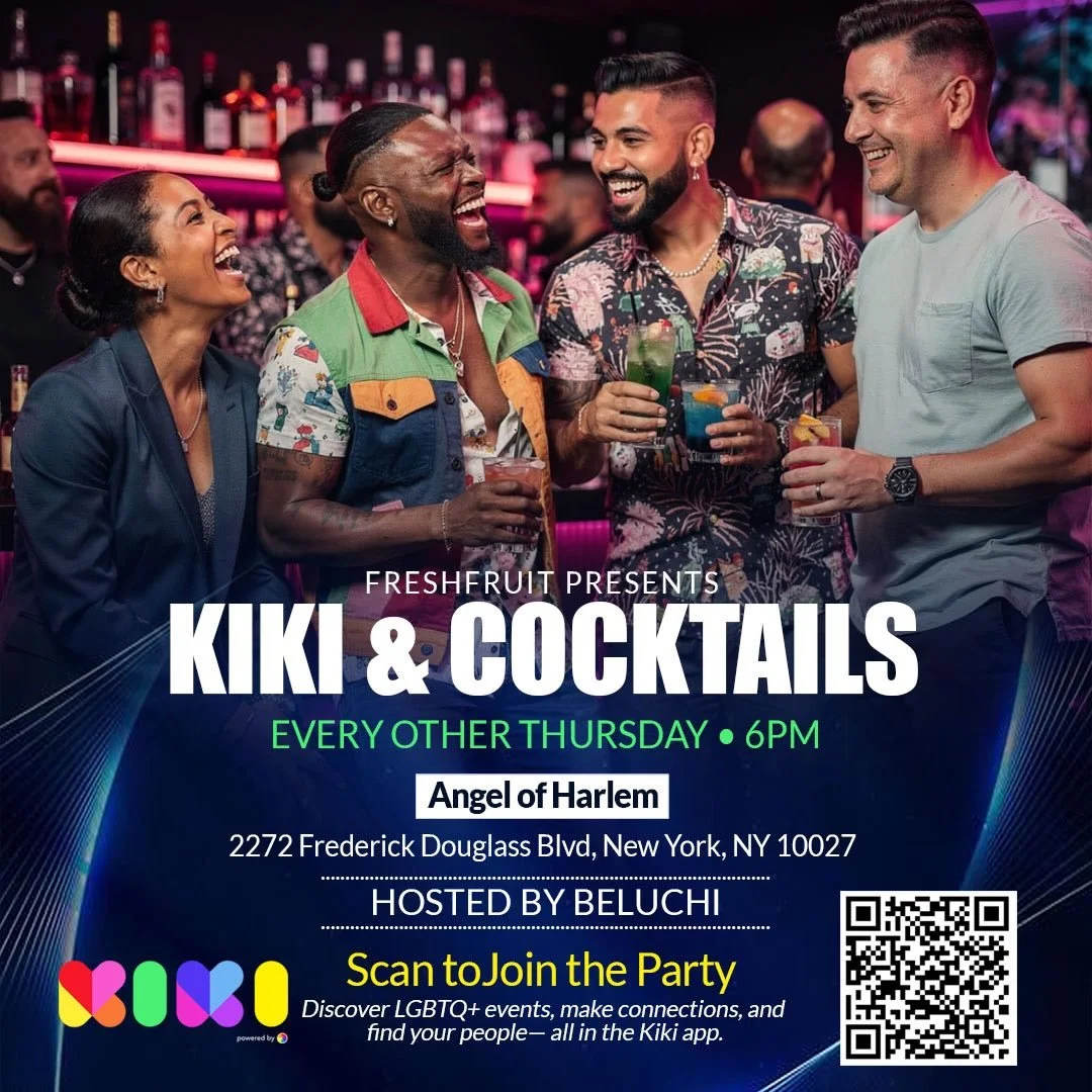 Round two. Same vibes. 🍸
Kiki &amp; Cocktails returns this Thursday at Angel of Harlem.
Happy hour specials, the $10 Kiki Crush, and queer community all night.
Pull up and Kiki with us.

#KikiAndCocktails #Kiki #Freshfruit #happyhour #lgbt