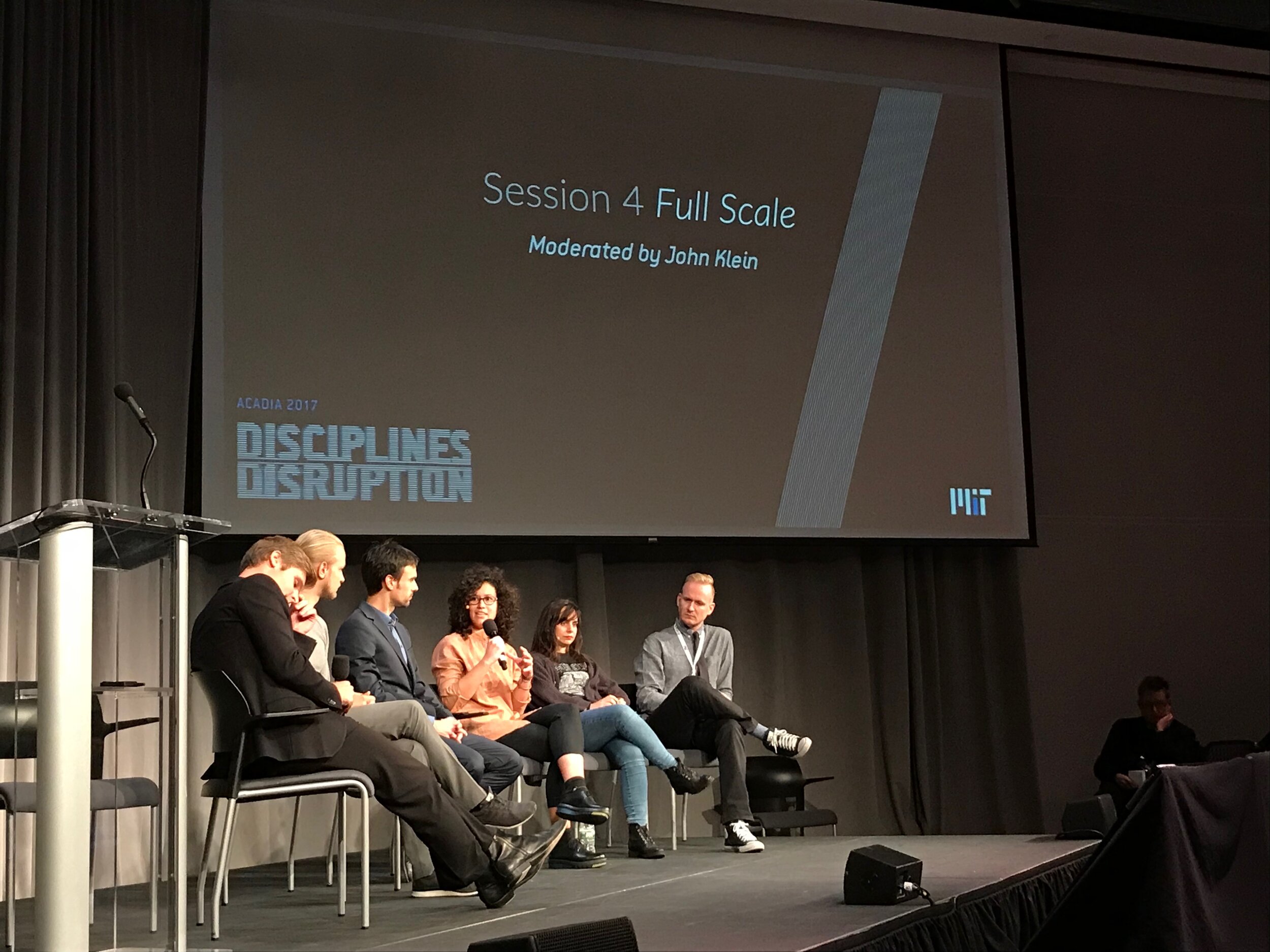  Panel discussion with presenters of the Full Scale session at the ACADIA 2017 Conference, MIT Media Lab. 
