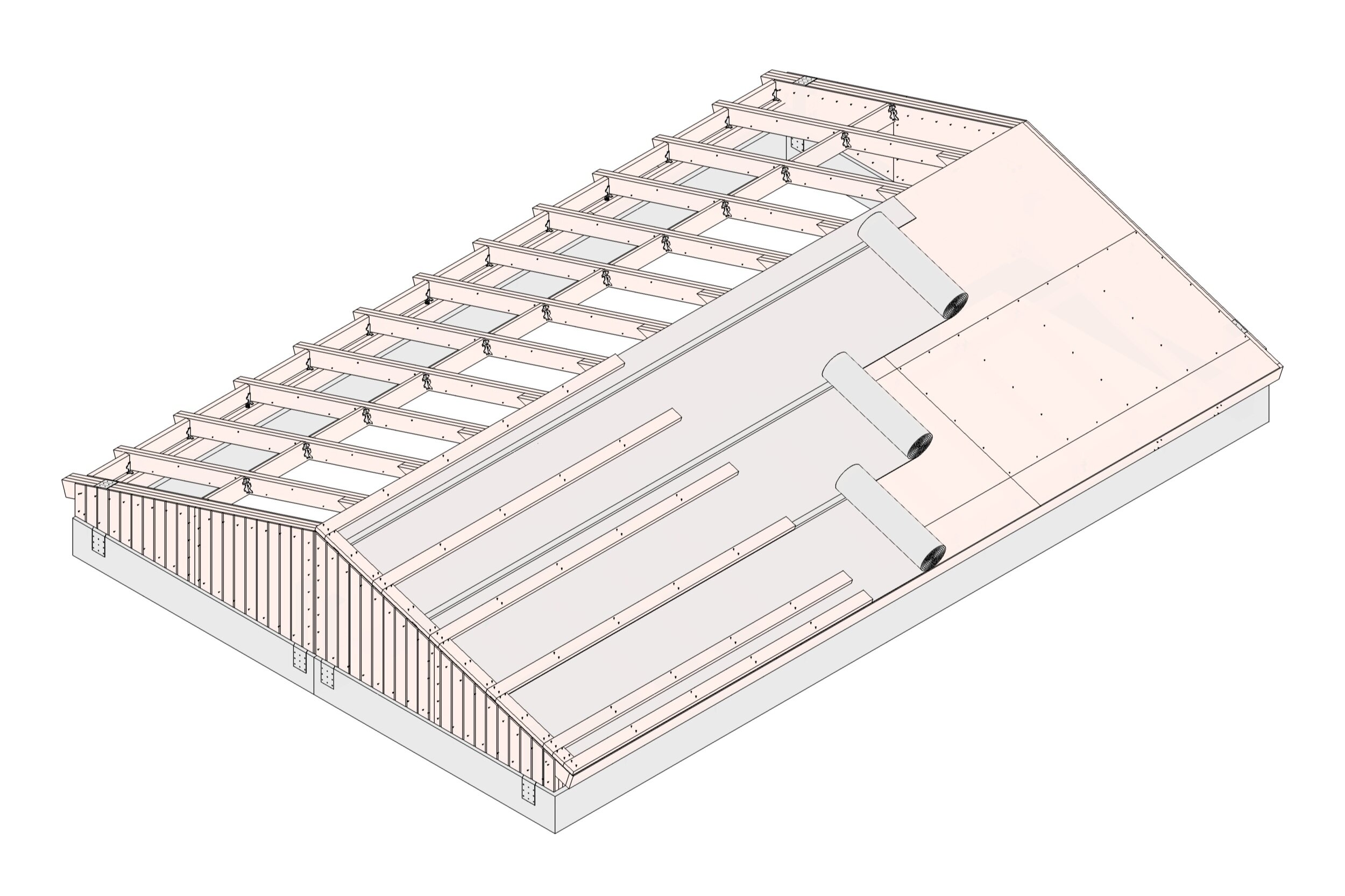  Illustration of a wooden roof frame and diaphragm assembly components on an existing CMU house. Techos 2019 Design Guidelines.  