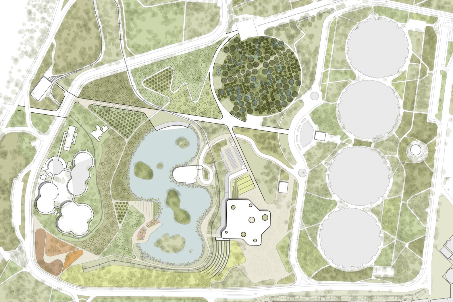  Master plan with garden, pavilion, and access. 