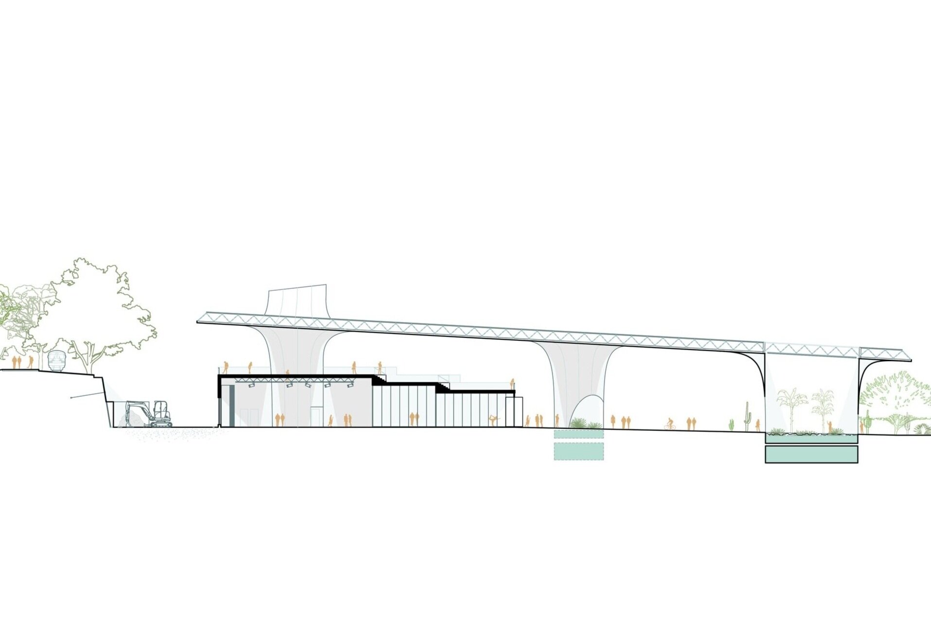  Section through train tracks, pavilion, canopy, soil maintenance yard and multipurpose plaza. 