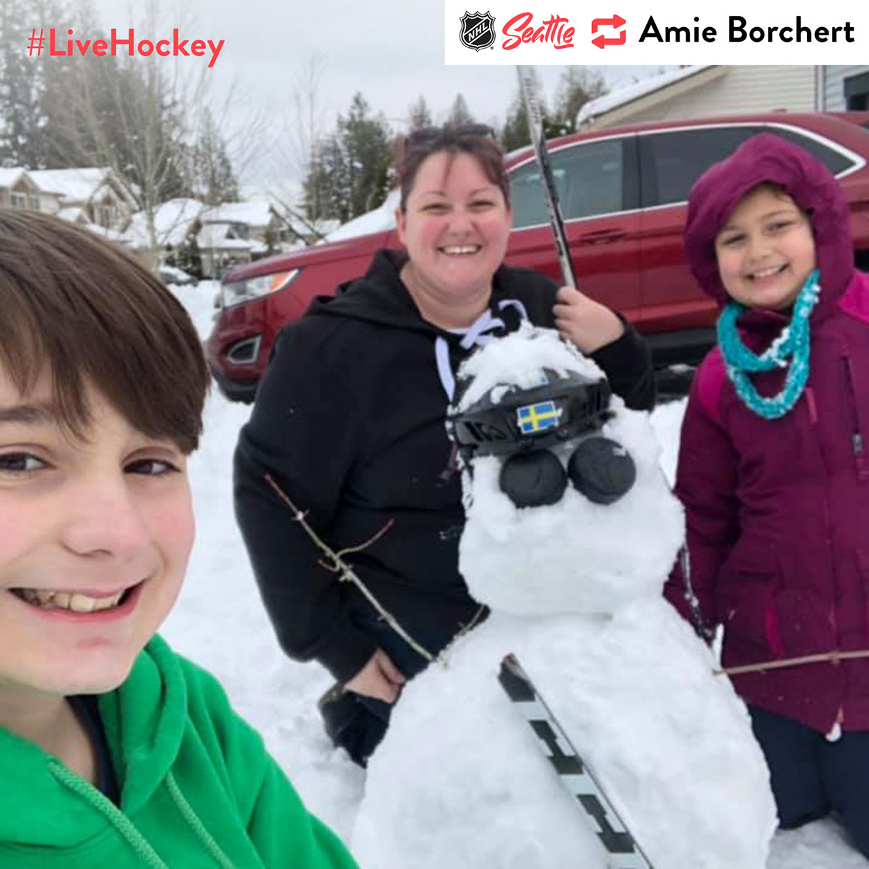 “#livehockey. The kids had wanted a hockey snowman so that’s what we created. Pucks for eyes, a helmet we weren’t actively using and a broken stick from one of the Tbirds.”