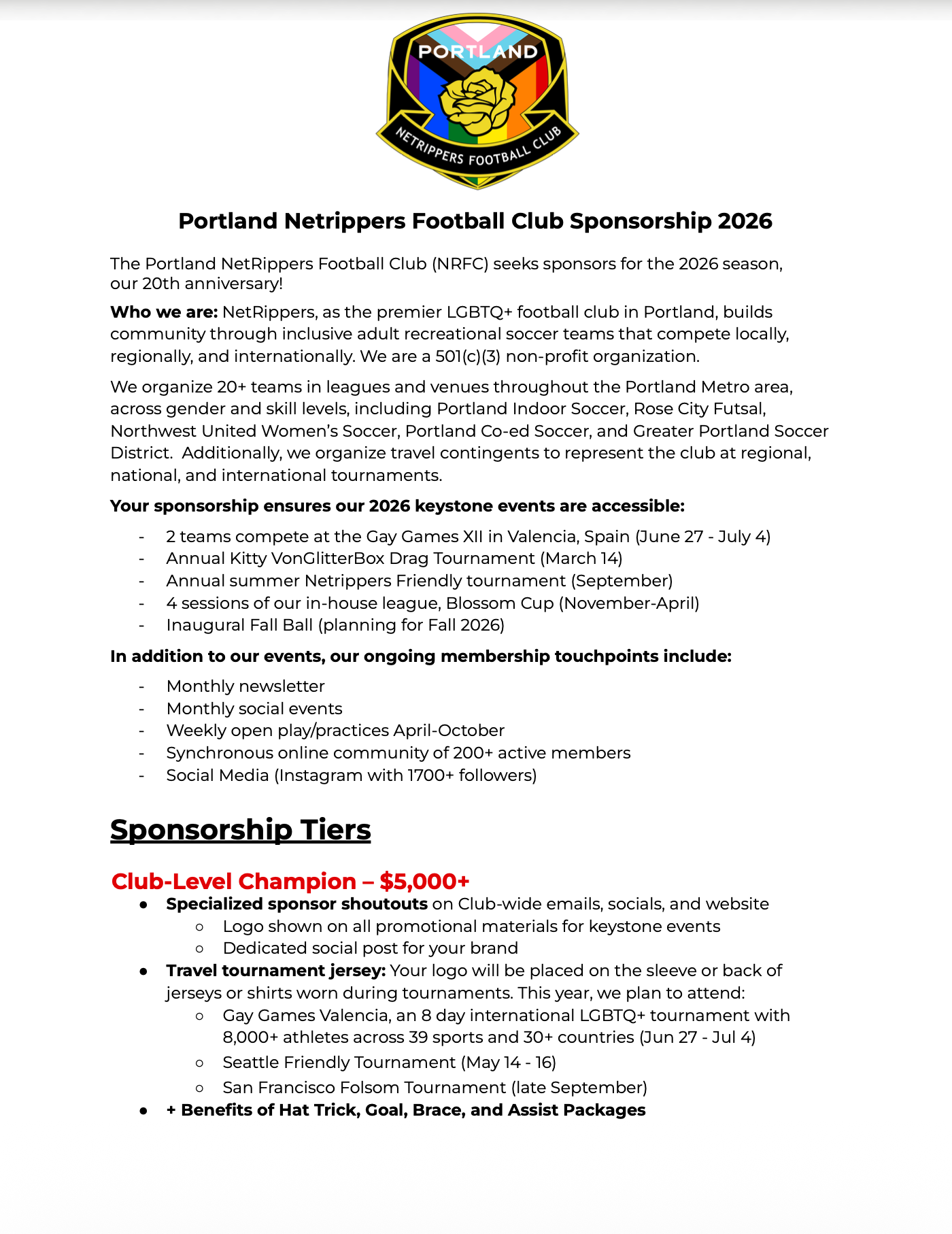 Portland NetRippers Football Club sponsorship information for 2026, including event details, membership touchpoints, and sponsorship tiers with a focus on LGBTQ+ inclusive soccer activities in Portland, Oregon, featuring the club's logo at the top.