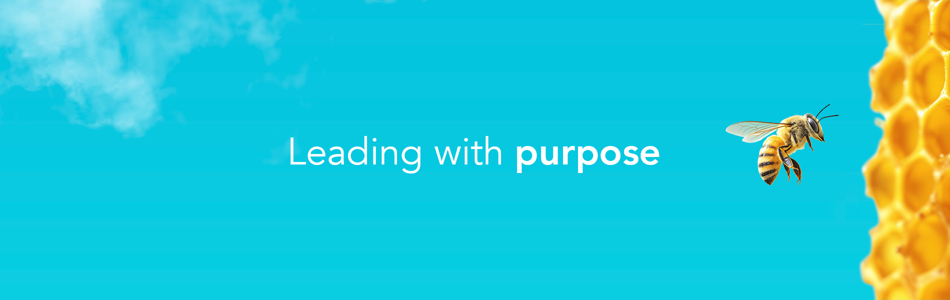 A honey bee flying towards a honeycomb with the words 'leading with purpose'