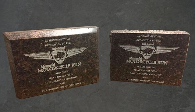 Here is a throwback!  These were made for the OKC memorial motorcycle run, which is dedicated to the remembrance of those affected by the Murrah Building tragedy.  These granite pieces actually came from the Murrah building! After a little fabricatio