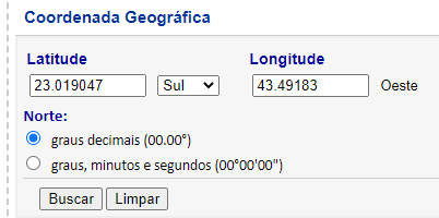 Ao fim da página da plataforma do CRESESB, informar as coordenadas coletadas no Google Maps.