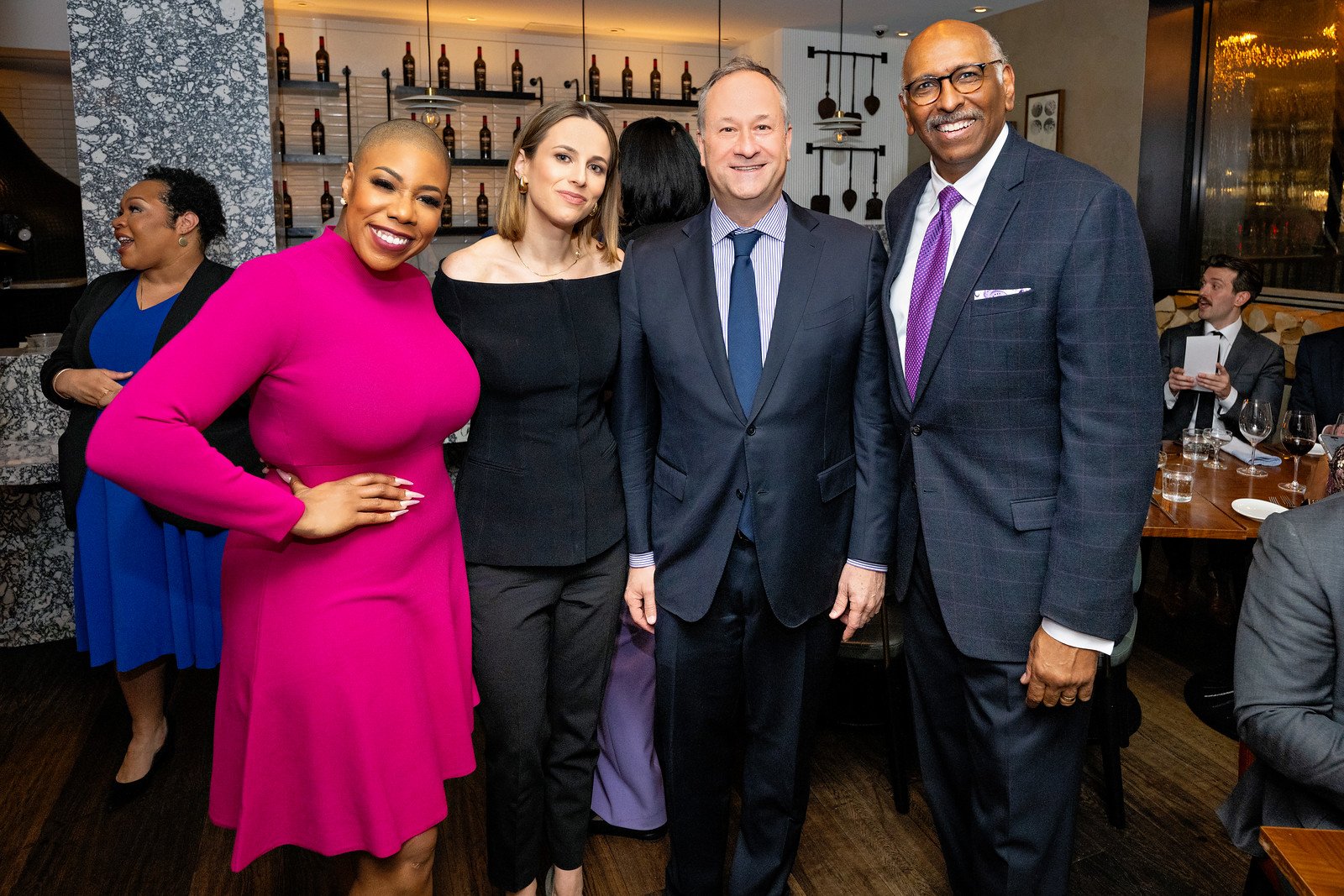  Symone, Alicia and Michael with the Second Gentleman of the United States Mr. Douglas Emhoff during a celebratory dinner for the trio’s new show. 