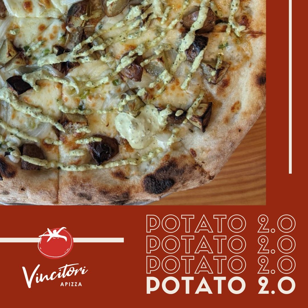 IT'S BACK!!!

Potato Pie 2.0 - roasted red potatoes, cheddar cheese curds, scallions, mozzarella, finished with house-made green sauce (Peruvian aji verde) #vegetarian 

(psst... pair it with the NEW Inca Wings! 😉)