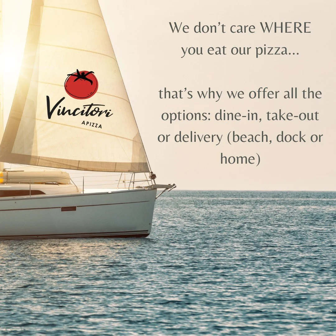 Dine-In * 294 Main St, Niantic
Delivery * VincitoriApizza.com 
Take-out * 860-739-3136 
7 Days A Week * Noon-9pm
