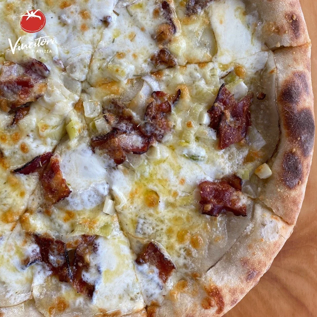 Potato Pie ~ roasted red potatoes, leeks, fresh mozzarella, cheddar, bacon (no sauce)

VincitoriApizza.com for To Go &amp; Delivery 
or Dine-In at 294 @nianticmainstreet