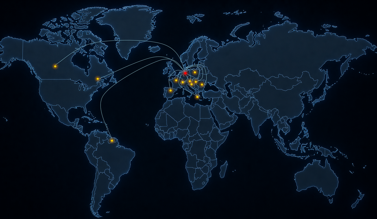 Dark world map with yellow dots marking twelve countries with InnovaBack fryer installations, connected by white lines to a red marker in Germany.