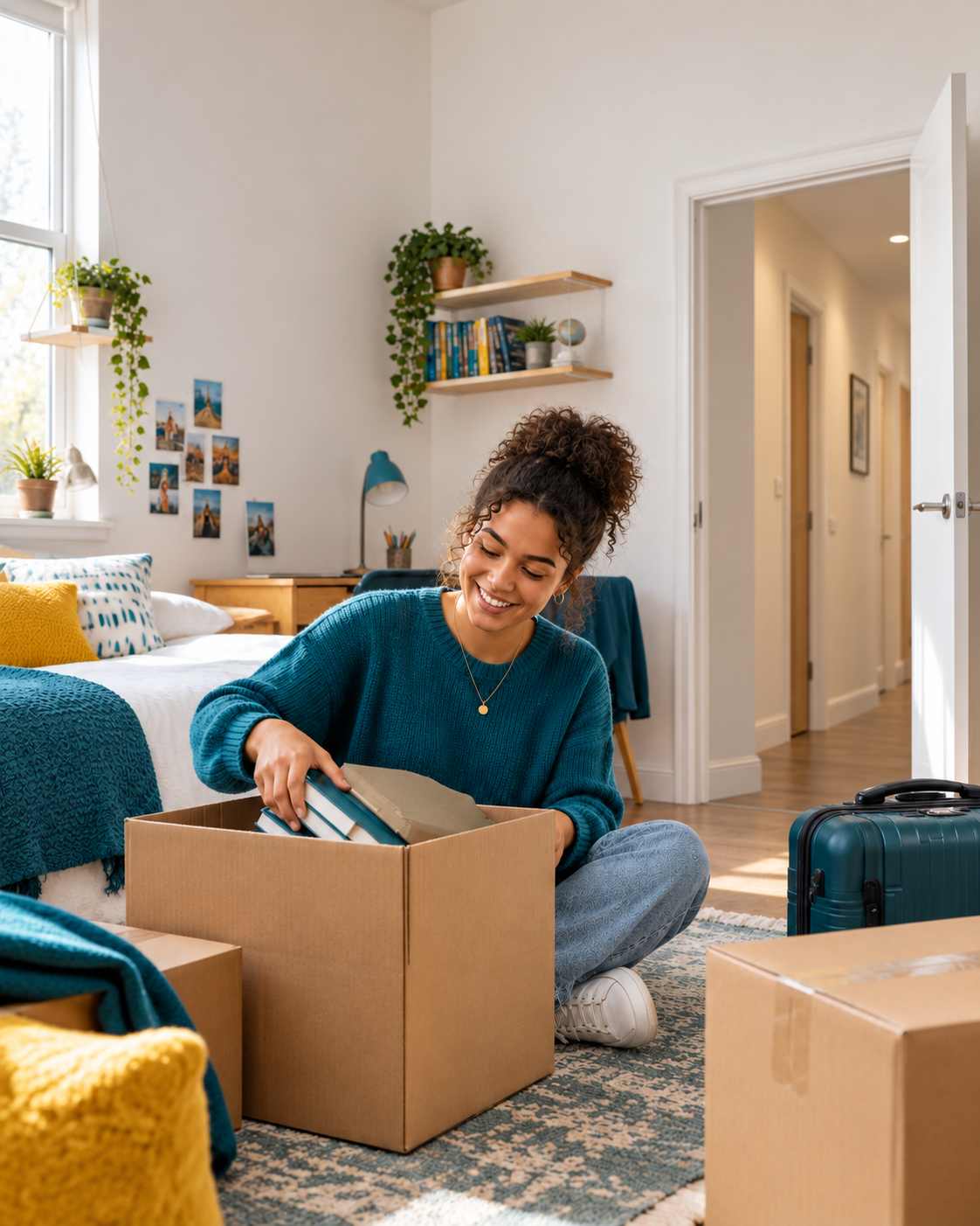 Student unpacking boxes in her room