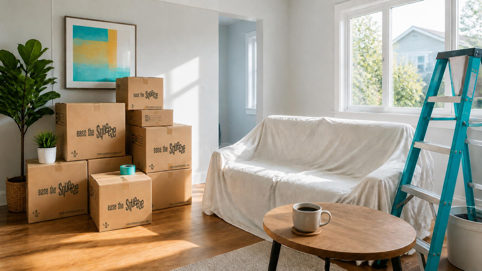 A bright, airy living room prepared for renovation with Ease the Squeeze branded boxes and protected furniture.