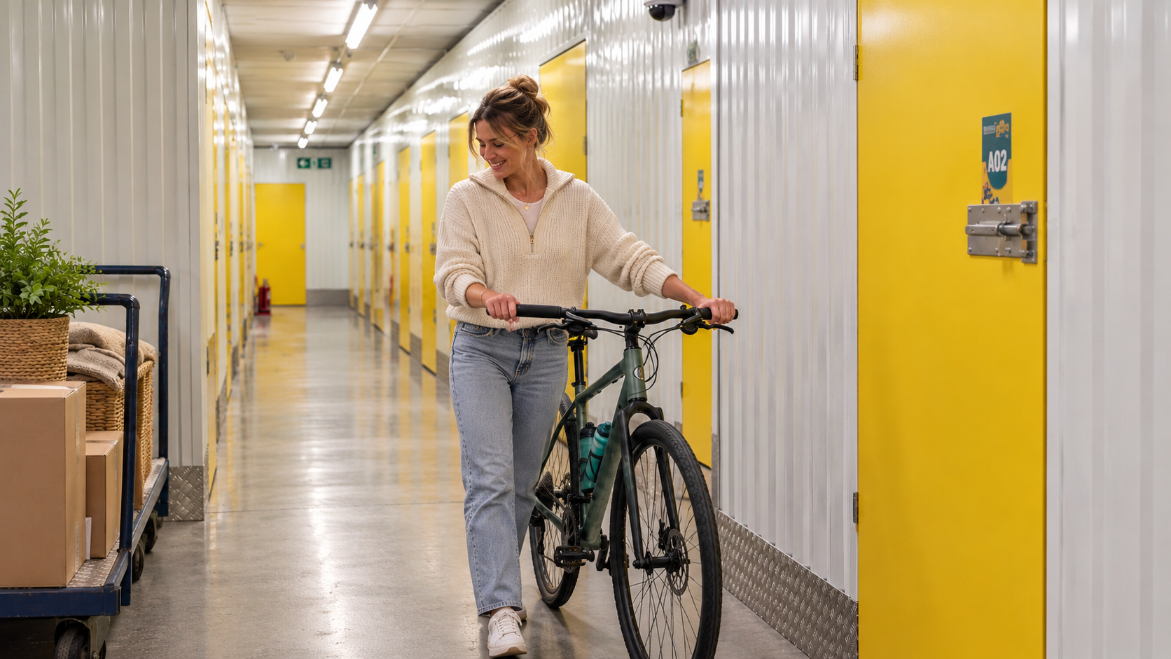 A cyclist wheels a clean bicycle into a bright indoor self-storage corridor with a yellow door