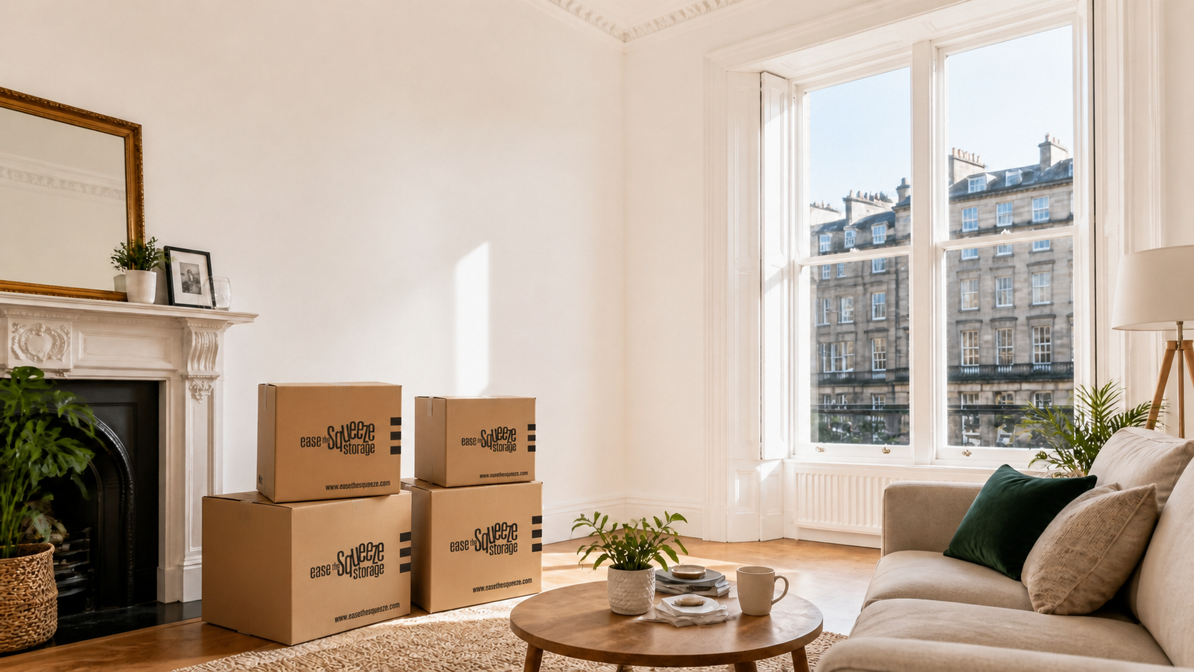 An Edinburgh living room being prepared for the Fringe Flip with Ease the Squeeze boxes