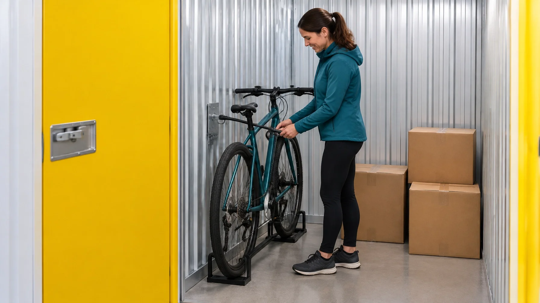 A bicycle is stored upright in a clean indoor self-storage unit with a yellow door