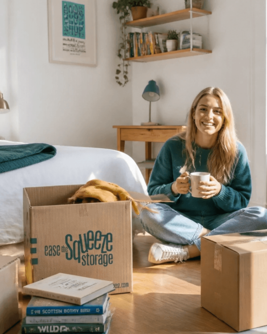 Student sitting with storage boxes preparing for a move