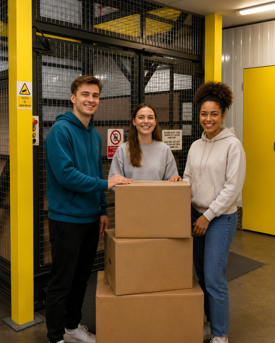 Exeter students with their boxes at by the lift of our self store in Exeter, Ease the Squeeze