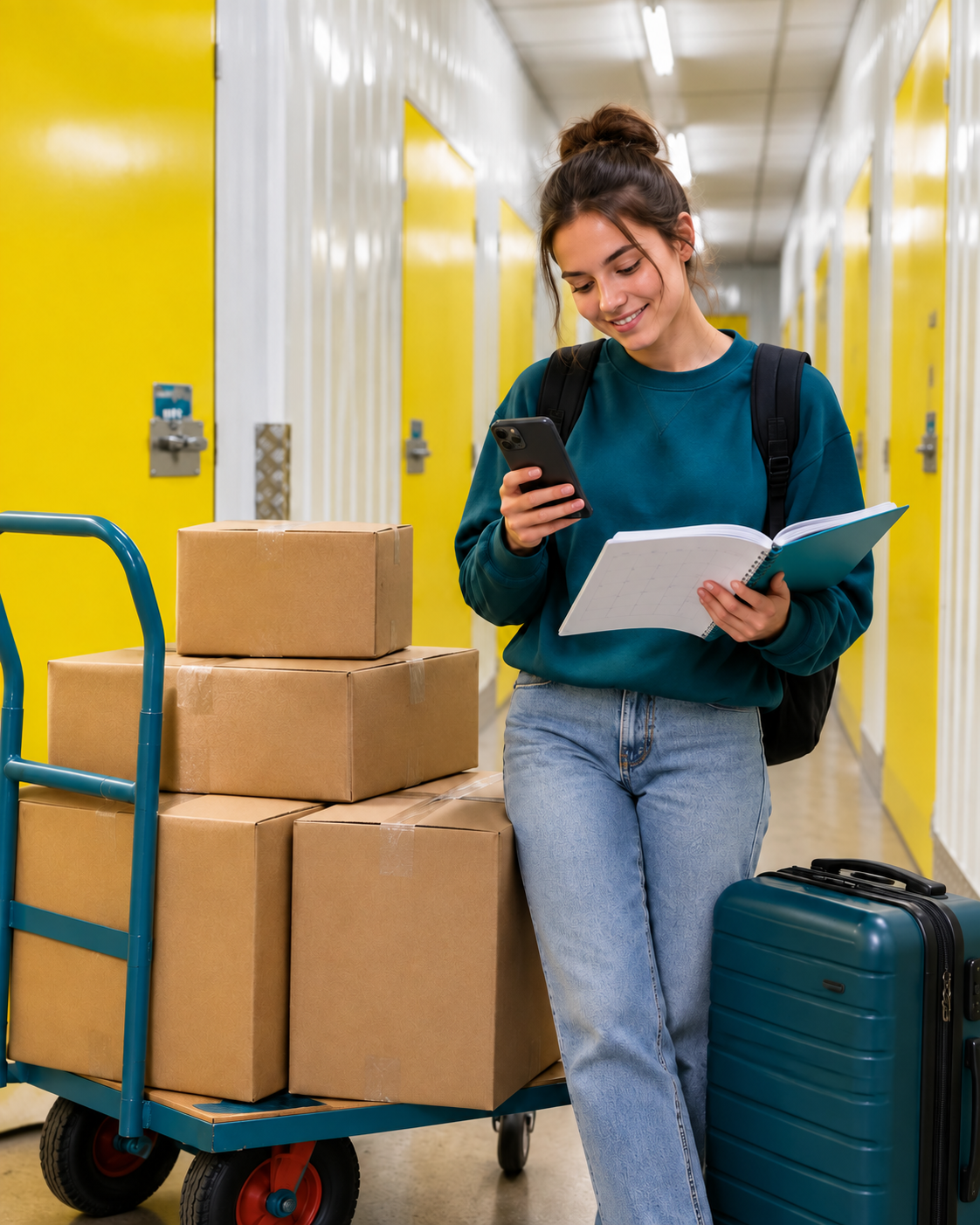 Student checking a phone and calendar beside boxes in a yellow-door self-storage corridor