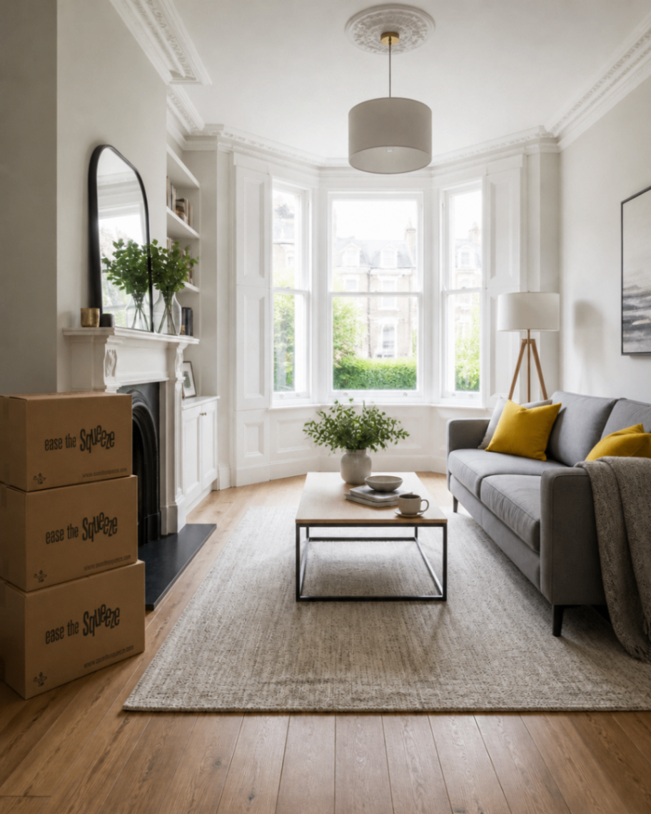 Bright living room with neatly stacked Ease the Squeeze storage boxes ready for a house move