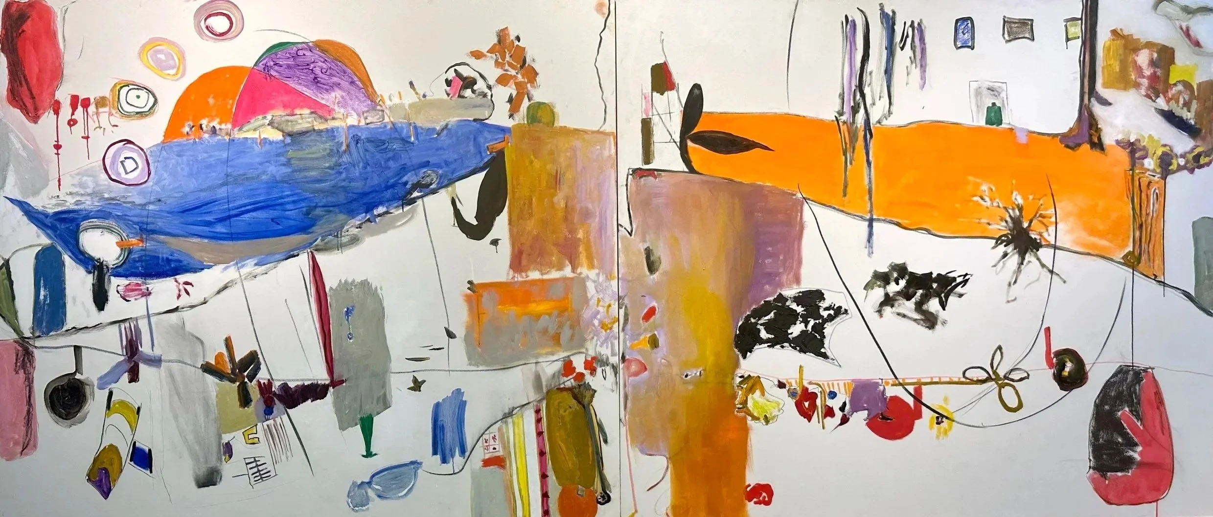Neighbors, 2015, Oil and mixed media on canvas, 52 × 110 inches