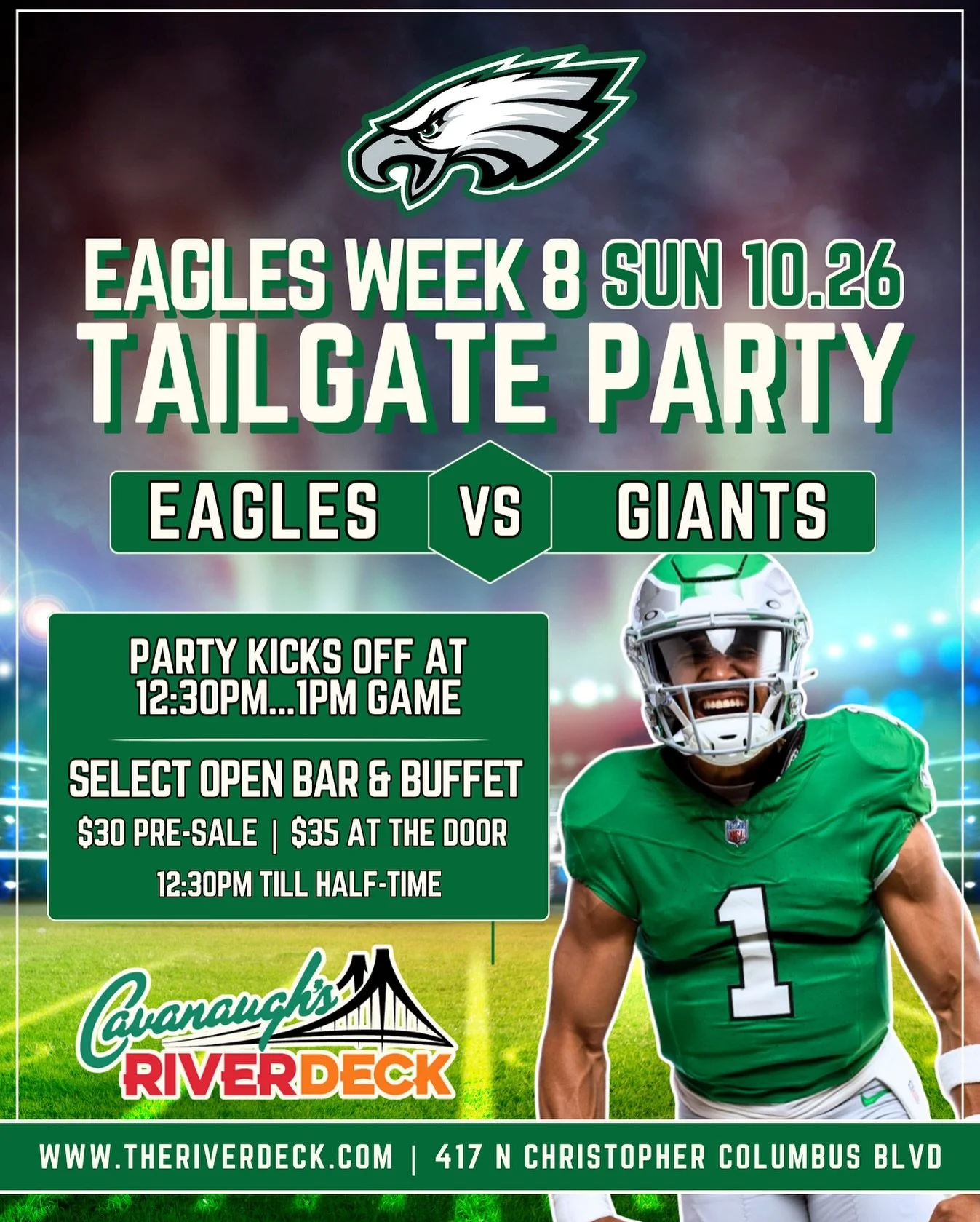 It’s Kelly Green Week, Bird Gang! 💚 🦅 Eagles VS Giants - Sun. 10.26...Watch & PARTY w/us! $30 Open Bar & Buffet - GO BIRDS!
TICKET LINK IN BIO...
•
•
•
#CavsRiverdeck #Week8 #GoBirds #FlyEaglesFly #Birds #KellyGreen #B