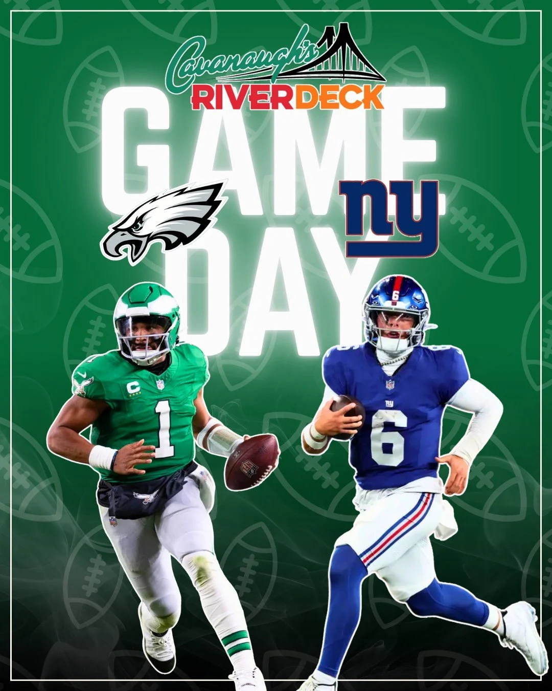 Kelly Green Week is HERE... 💚 Week 8: Eagles VS Vikings at 1pm...BIRD GANG, it’s time to FLY! Open Bar + Buffet, 12pm - Halftime…$30 advance | $35 door - GO BIRDS! 🦅
Tickets Link in Bio!
•
•
•
#CavsRiverdeck #Week8 #GoB