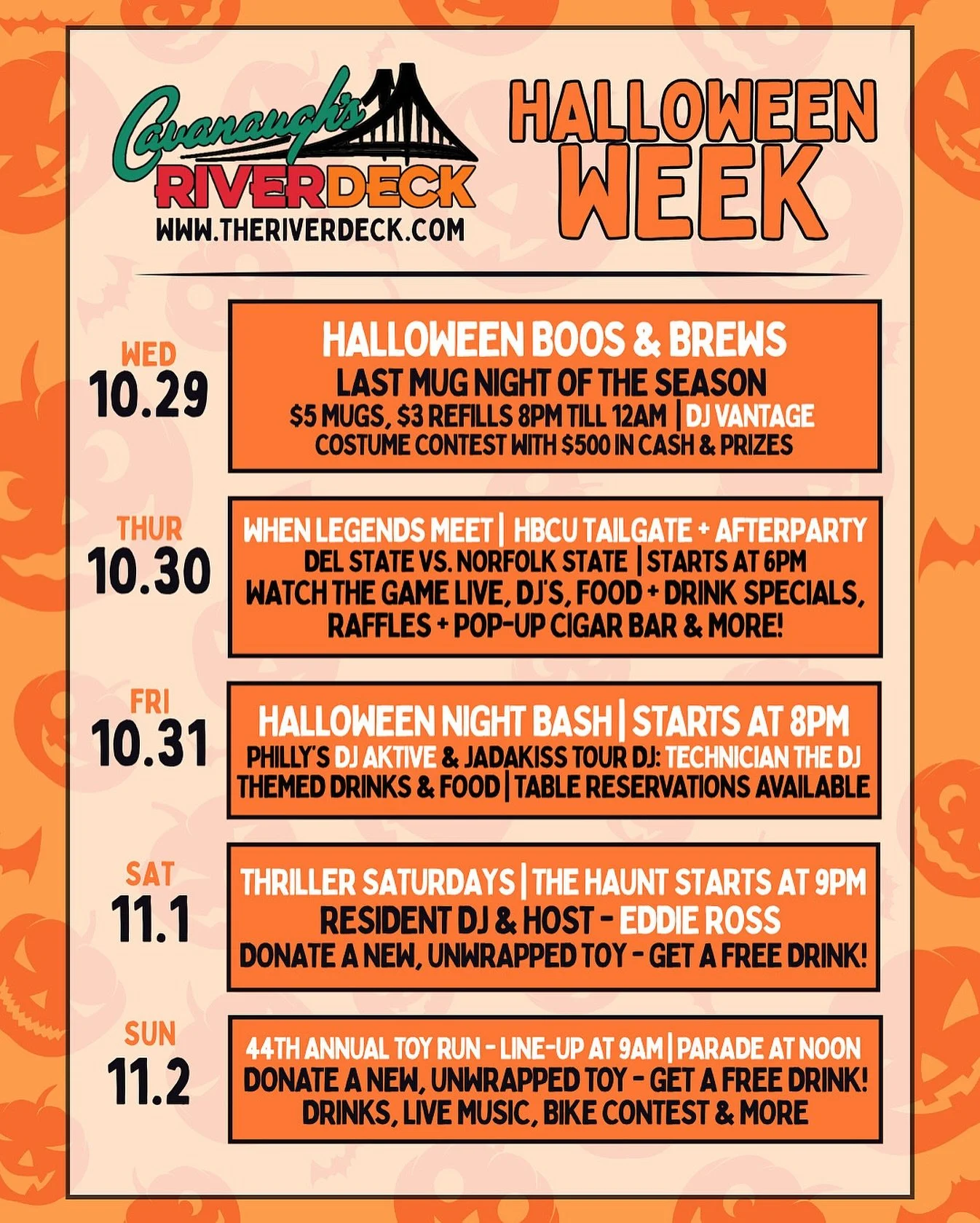 Haunted Pier Nights - CRD Halloween Week! 🎃
10.29: Halloween Mug Night
10.30: When Legends Meet Party
10.31: Halloween w/Aktive & Tech the DJ
11.1: Thriller Saturday w/Eddie Ross
11.2: 44th Annual Toy Run
Legends Tix: @jayrider_events
Hallowee