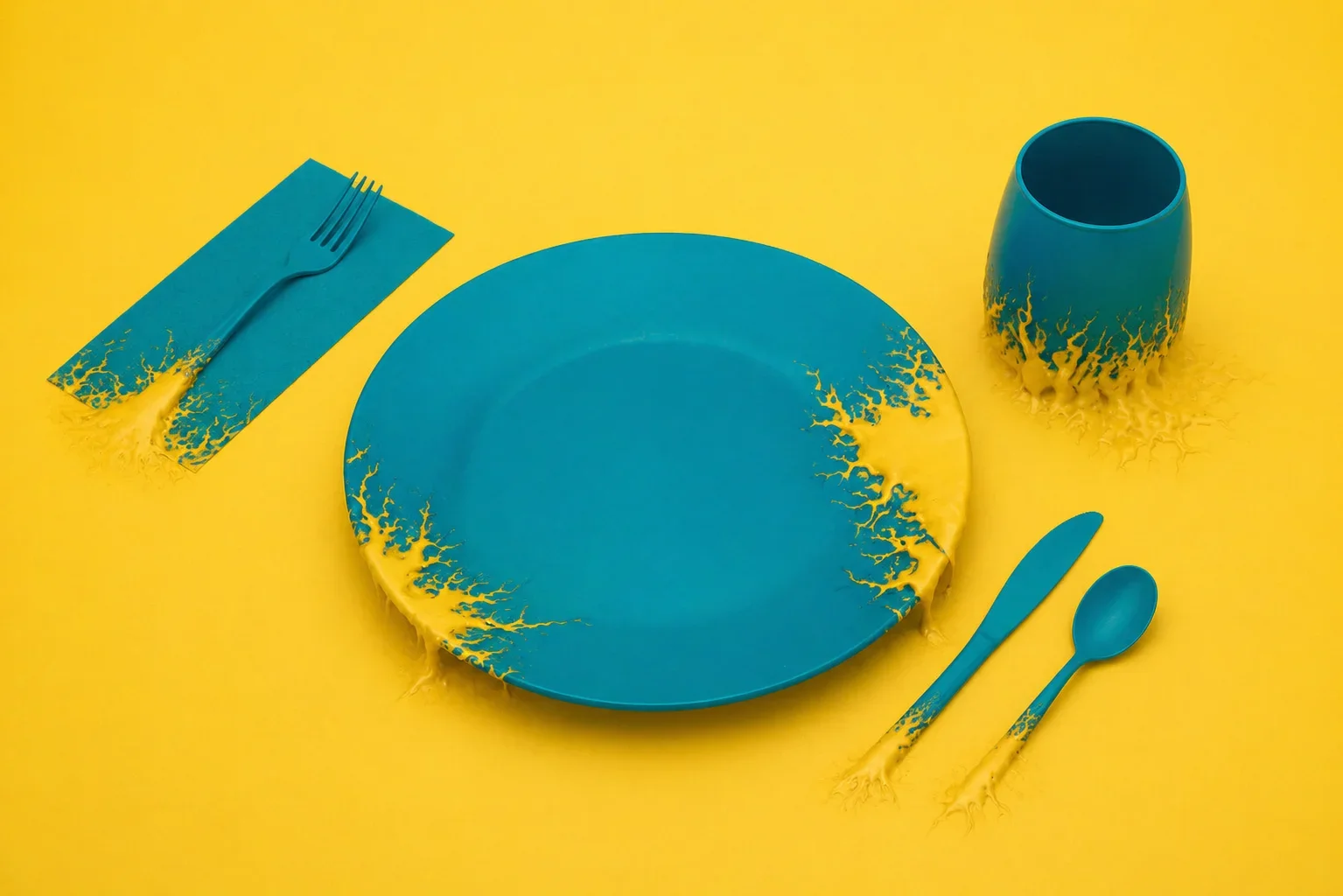 Blue plate, cup, fork, spoon, and knife with yellow paint splatters on yellow background.