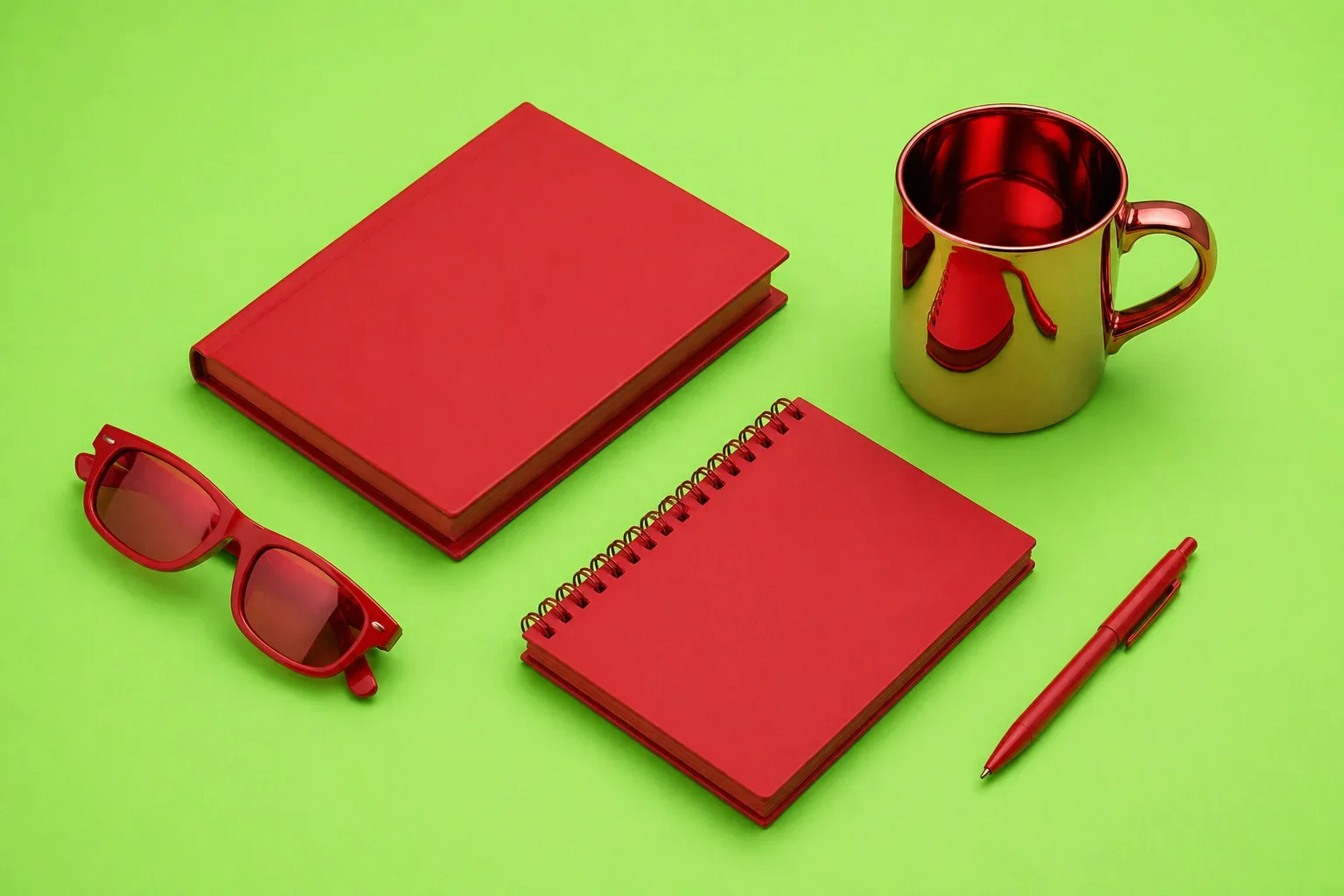 Red sunglasses, a large red book, a red spiral notebook, a red pen, and a red mug on a bright green background.