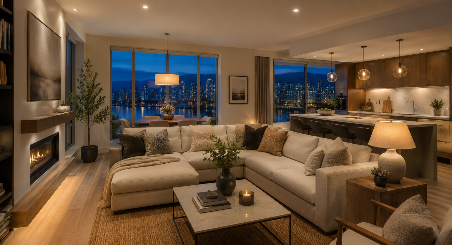 Warm layered lighting in a Vancouver living room installed by Kato Electrical