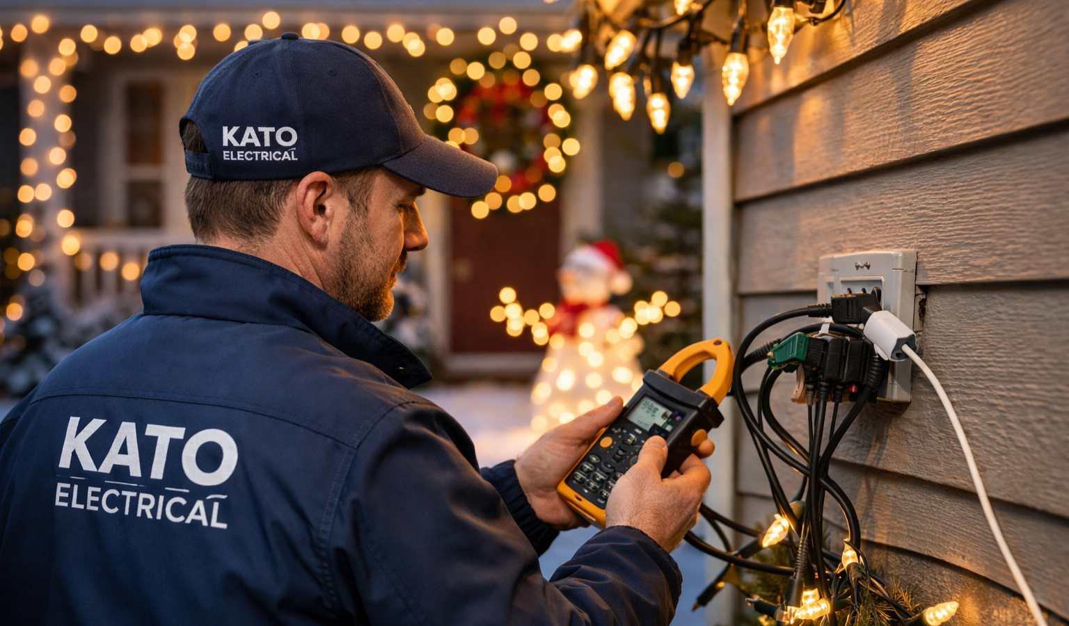 Licensed electrician inspecting holiday lighting for electrical safety