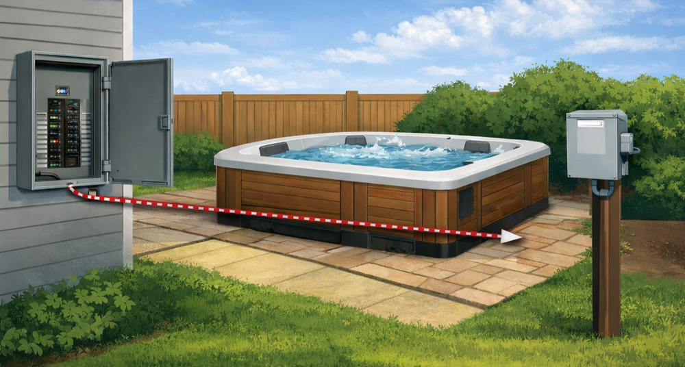 Backyard hot tub with its dedicated electrical feed, GFCI-protected disconnect and outdoor-rated wiring installed to BC Electrical Code Section 68