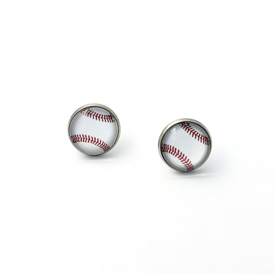 Stainless Steel Baseball Stud Button Earrings