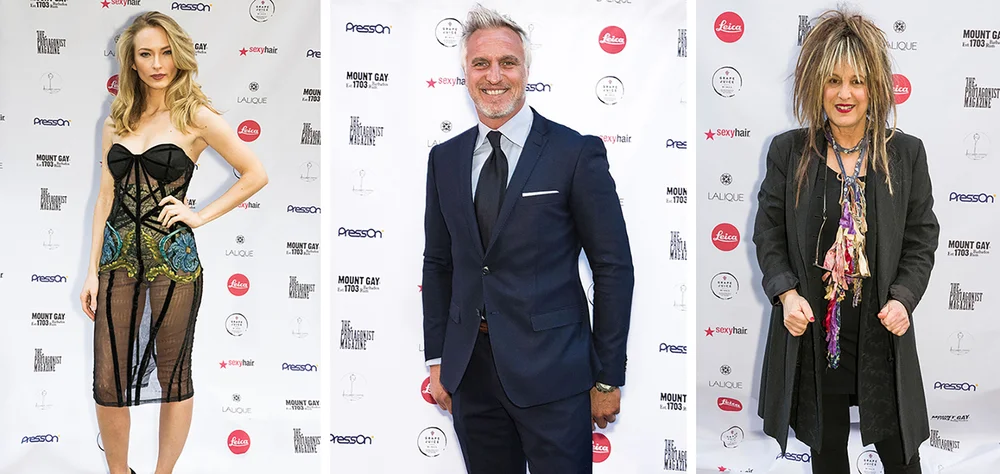 Actress Felicity Gilbert, footballer and icon David Ginola and fashion legend Elizabeth Emmanuel on the red carpet for The Protagonist Magazine launch
