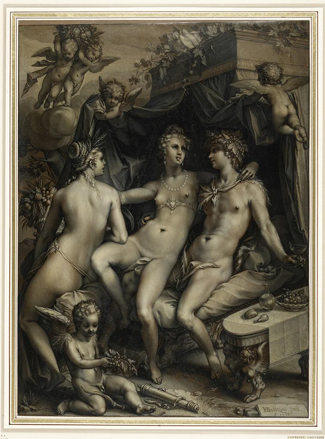 Hendrik Goltzius, Without Ceres and Bacchus, Venus Would Freeze, 1599, Chalk, ink and oil on paper, 43.5 × 32.1 cm, The British Museum, London © The Trustees of The British Museum
