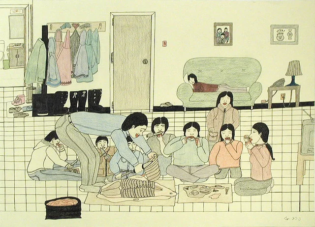 Annie Pootoogook, Eating Seal at Home, 2001