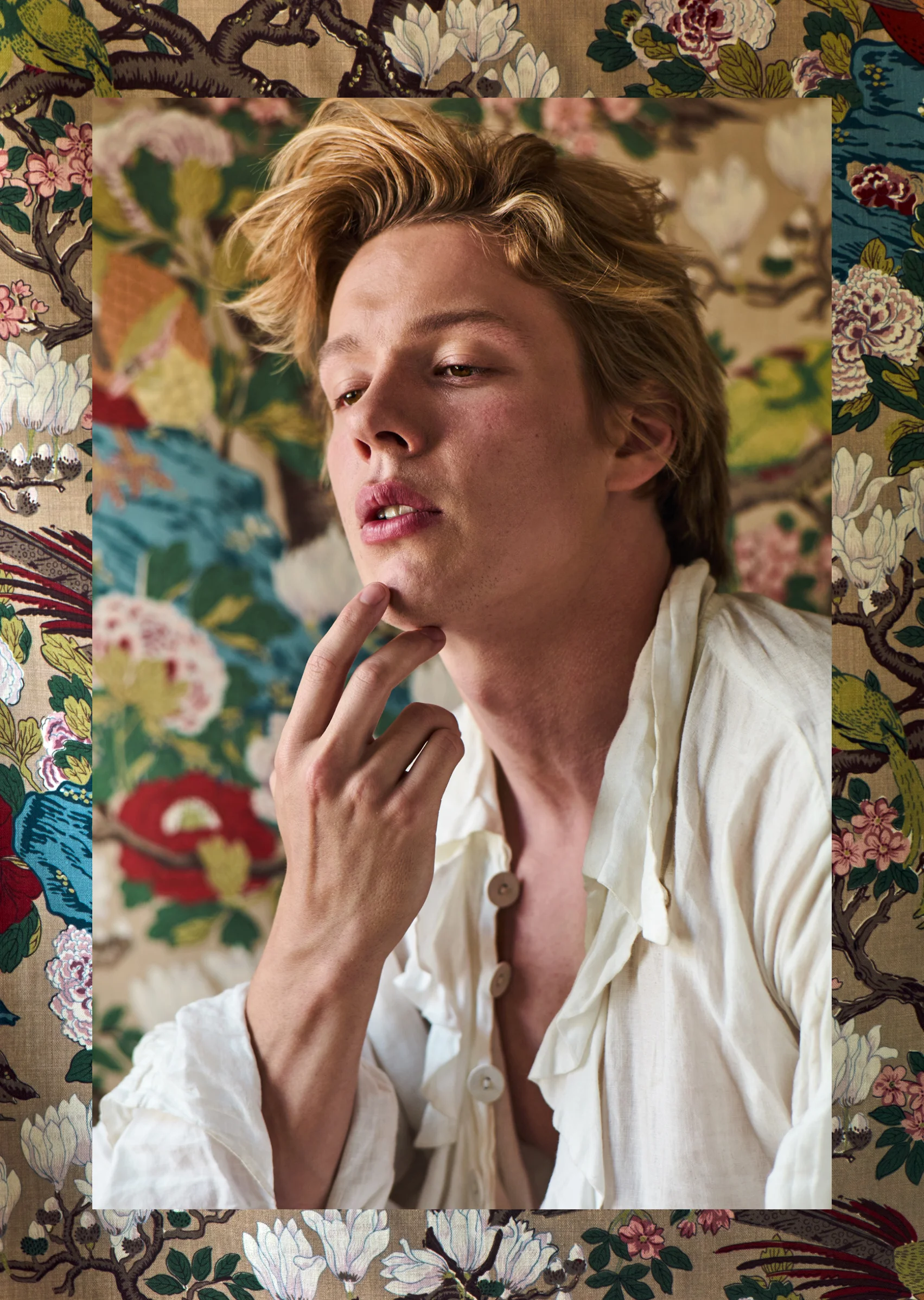 Freddie Wise wearing shirt by Wall & Jones, set “Rockbird” fabric in multicolour GP & J Baker