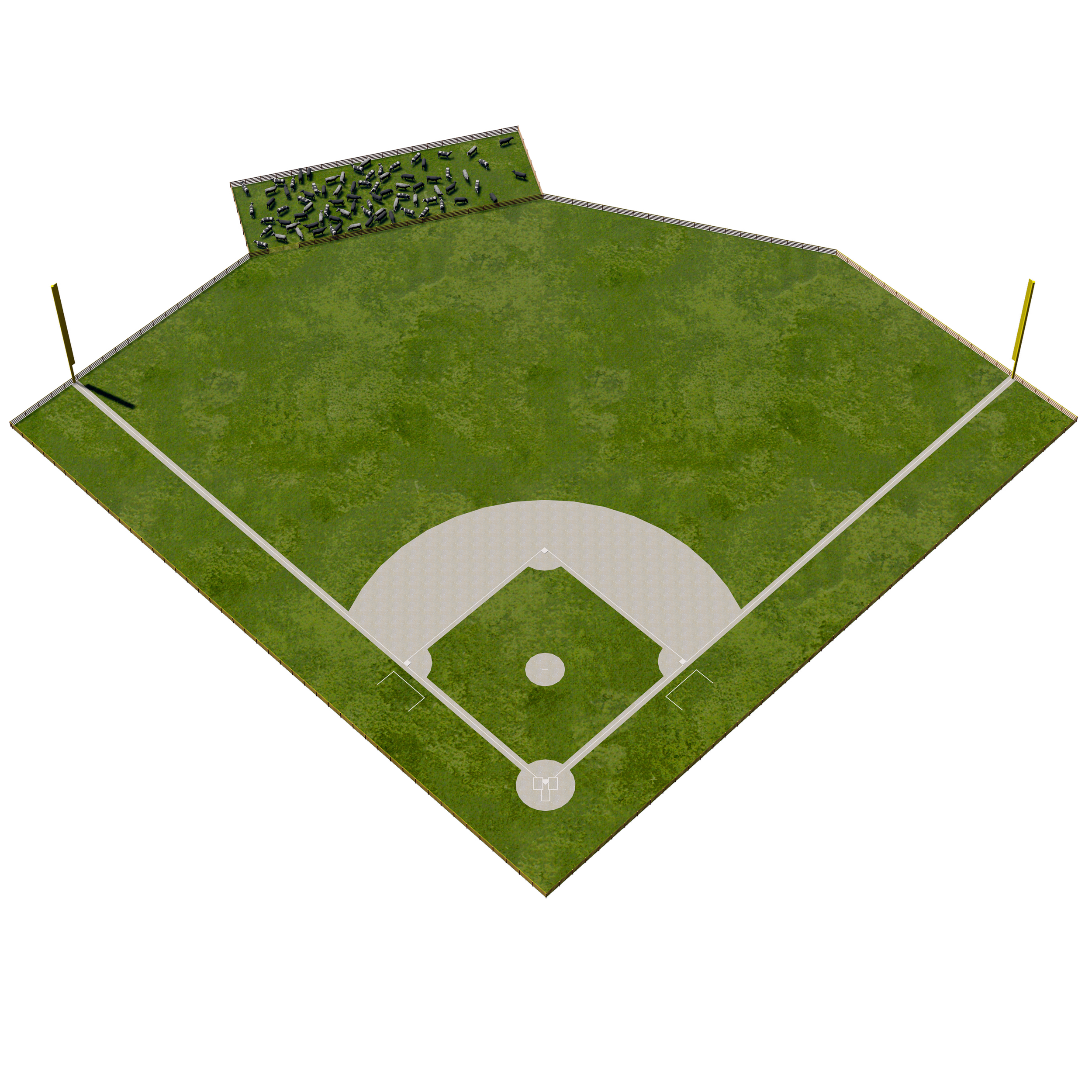  The baseball playing field as a site of ecological mutualism between humans and cows. The space of the pasture/baseball field conditions both cow and human bodies while also offering nutrition for cows and grounds maintenance for the humans. 