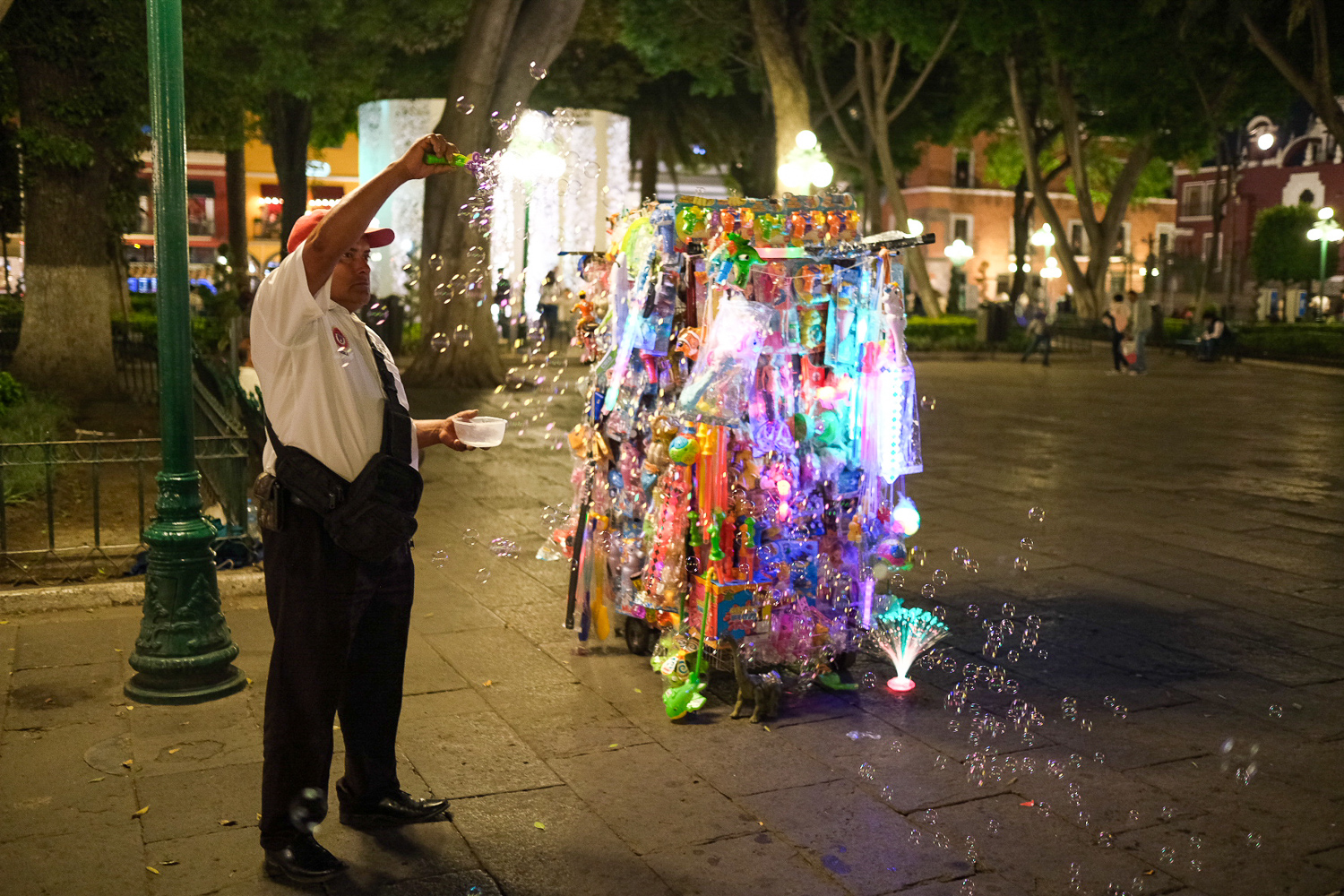  Above is a toy vendor in Puebla’s Zócalo. In some ways, vendors are more free in Mexico. We learned from our friends at Lugares Publicos that governments don’t really regulate street vendors.This has helped to preserve the rich street vending cultur