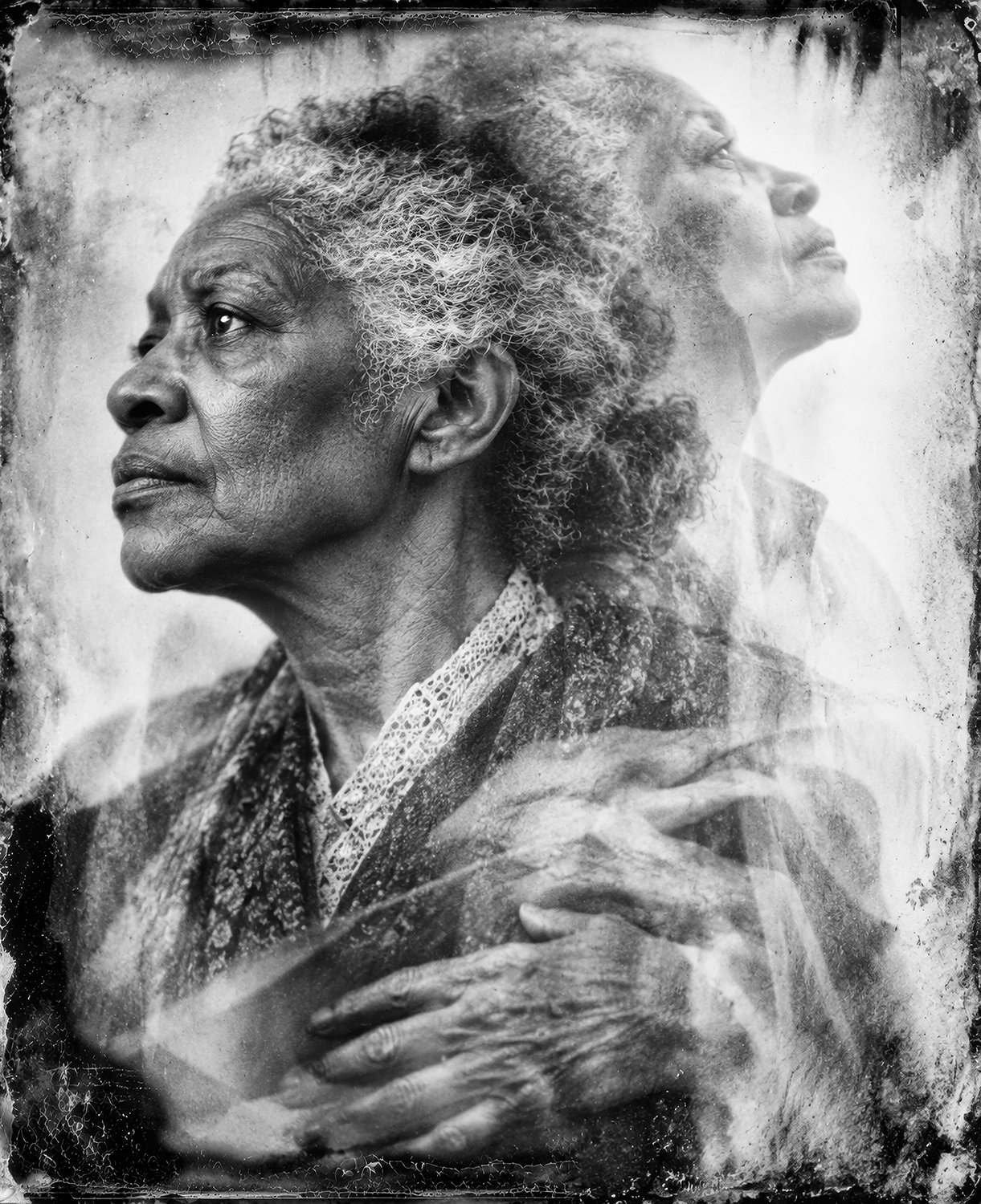 Black-and-white artwork of an older woman in profile, layered with a second face and overlapping hands against a distressed background.