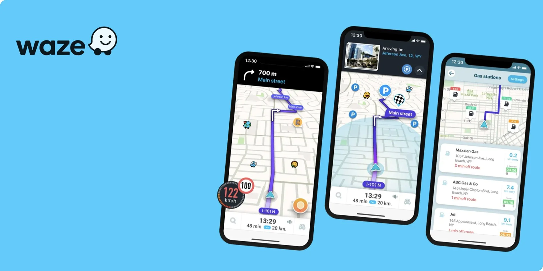 Waze navigation app displayed on three smartphone screens showing maps with routes and gas station info on a blue background.