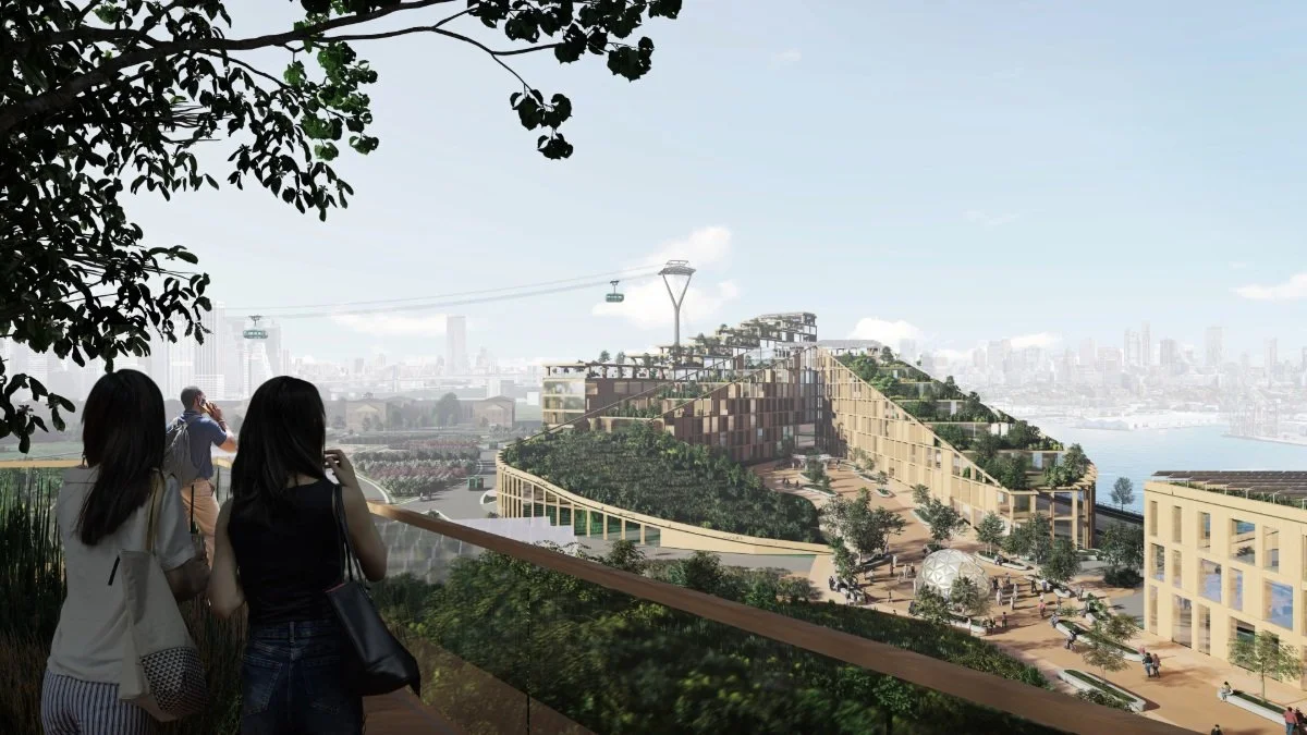 People admire the cityscape from a bridge, showcasing the innovative spirit of the Governors Island Climate Solutions Center.